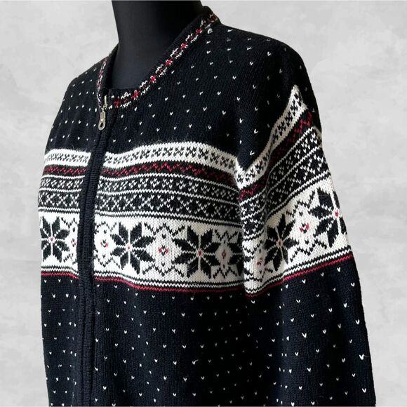 Studio Works Zip Front Cardigan Sweater Nordic Snowflake Fair Isle Petite Medium - Picture 1 of 12